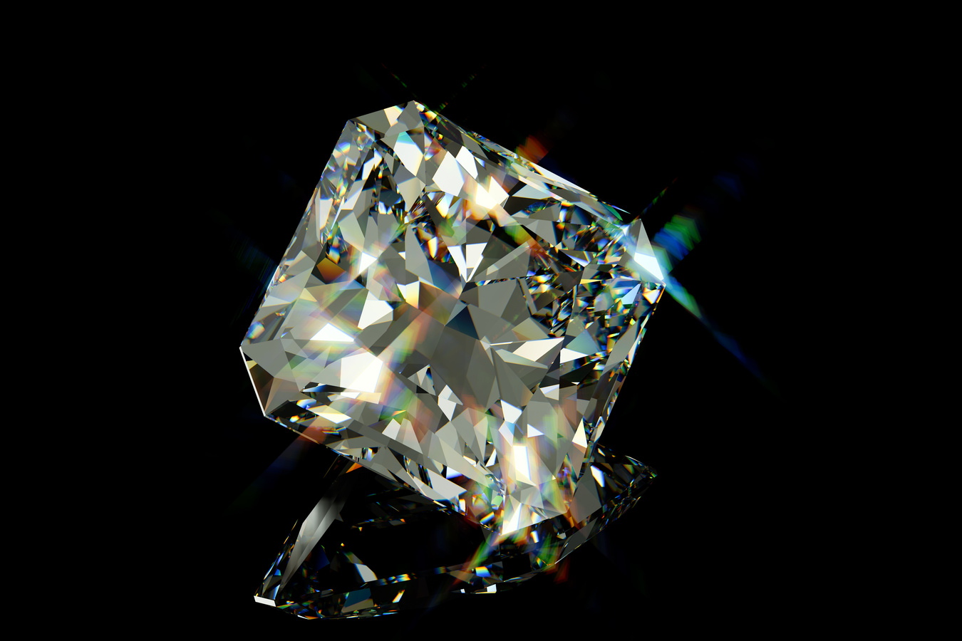 Sparkling radiant cut diamond on black glossy background